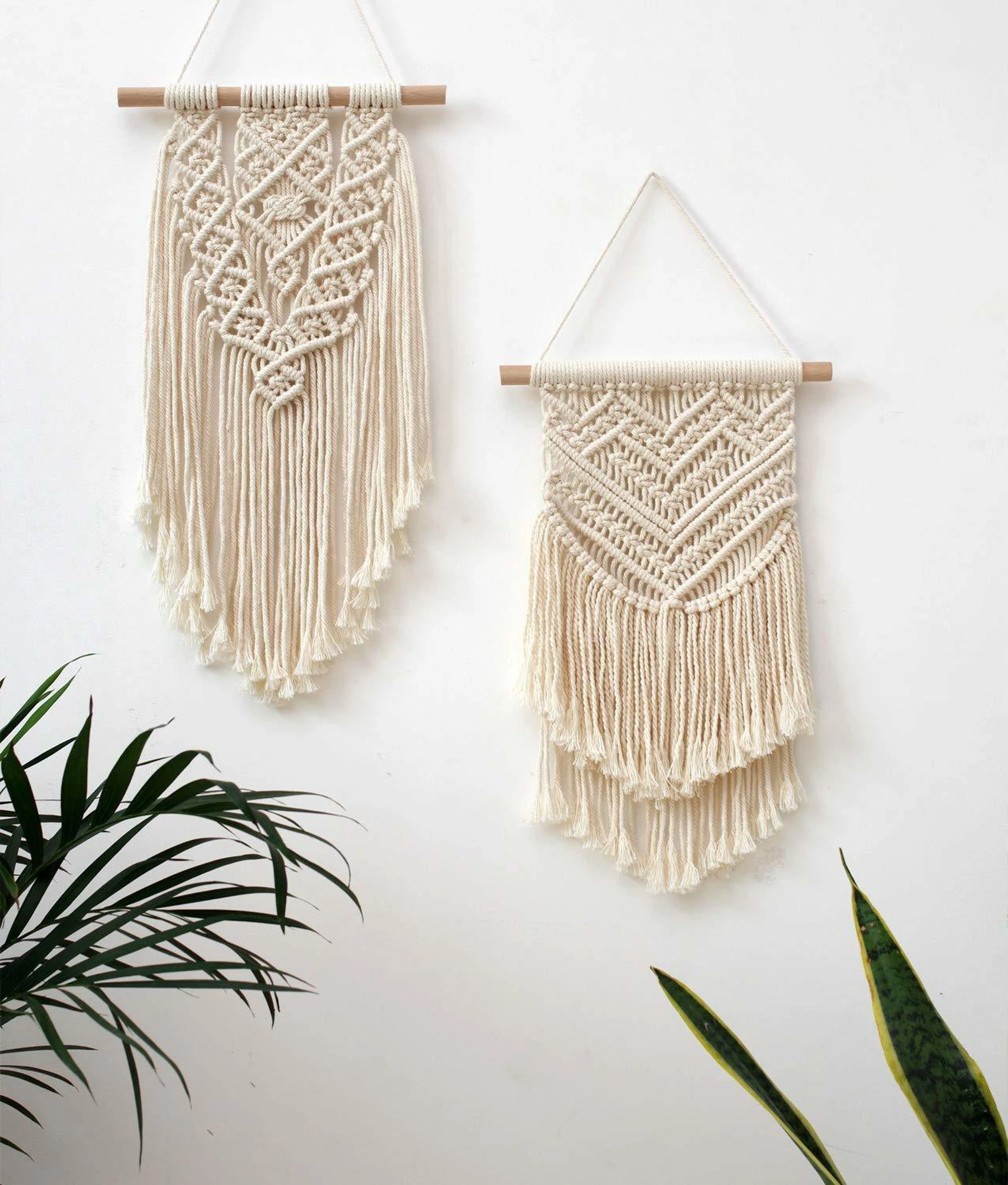 2-Piece Macrame Wall Hanging Decor, House Living Room (White)