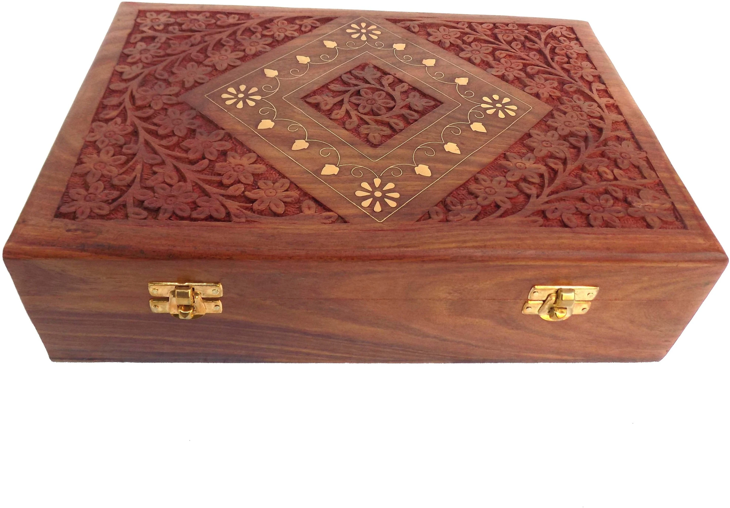SHEESHAM WOOD CARVED & BRASS WORK BOX JEWELLERY BOX Vanity Box (Brown)