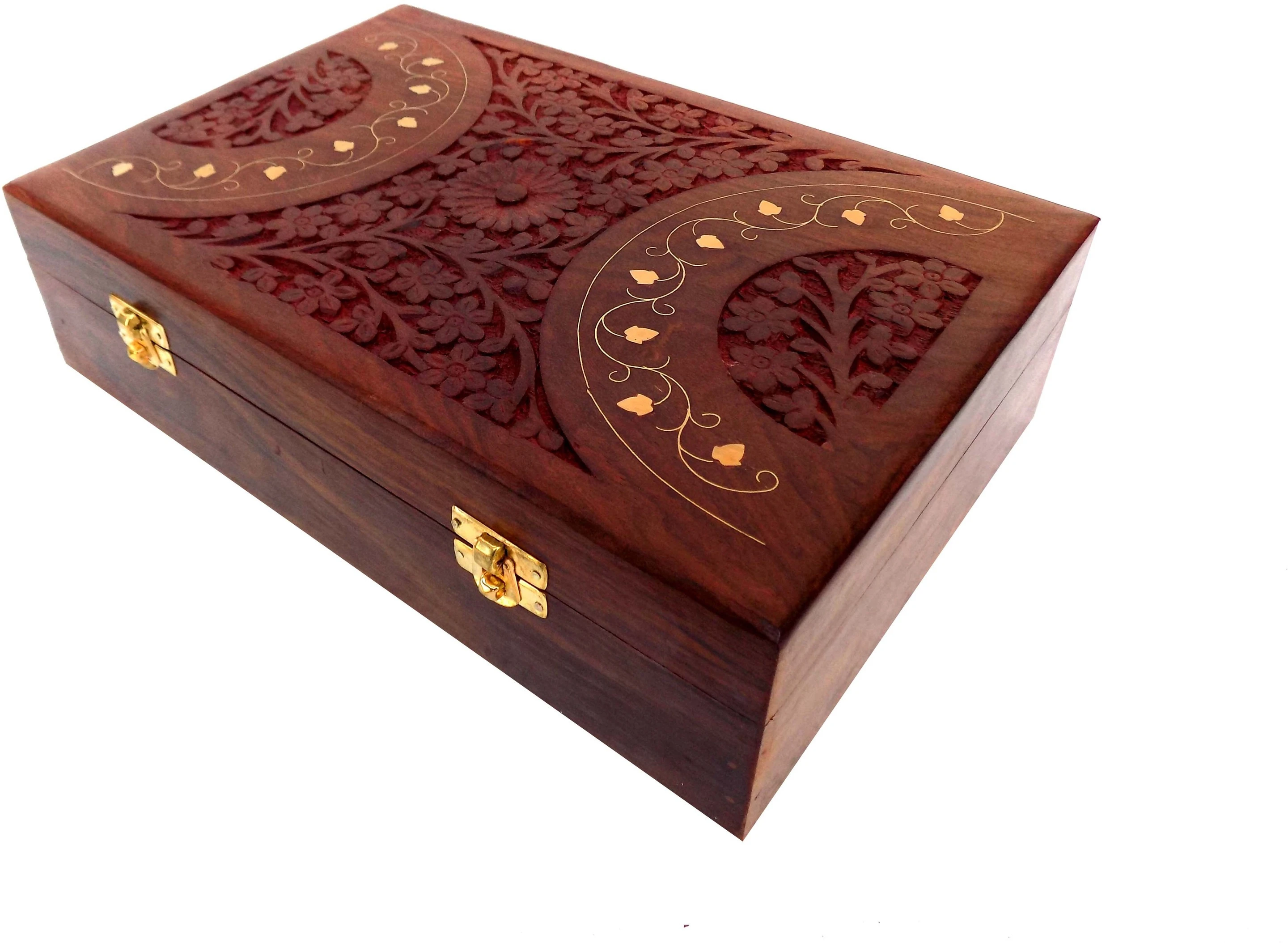 SHEESHAM WOOD MADE BRASS INLAY AND CARVING WORK RECTANGLE SHAPE JEWELLERY BOX Vanity Box (Brown)