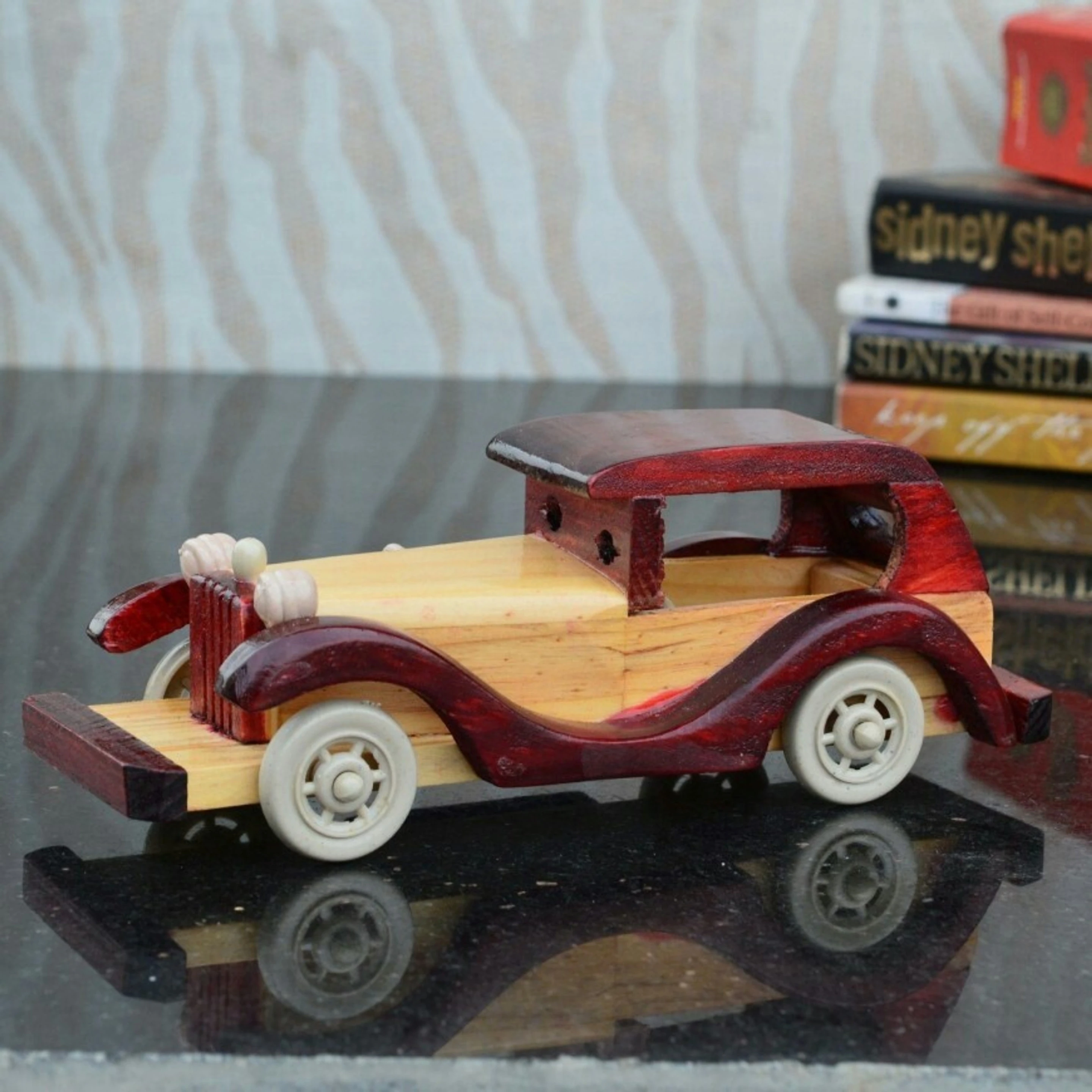 Vintage Car Decorative Showpiece  -  8 cm (Wood, Yellow, Brown)