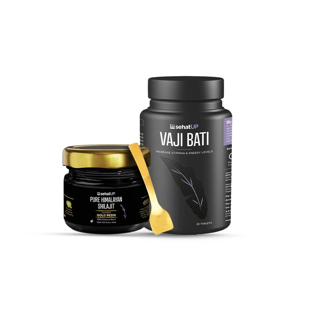 SehatUp Vaji Bati + Shilajit Resin | Ayurvedic Stamina & Strength Booster for Men | Energy, Vitality & Performance Support | Herbal Testosterone Enhancer Combo – 100% Natural