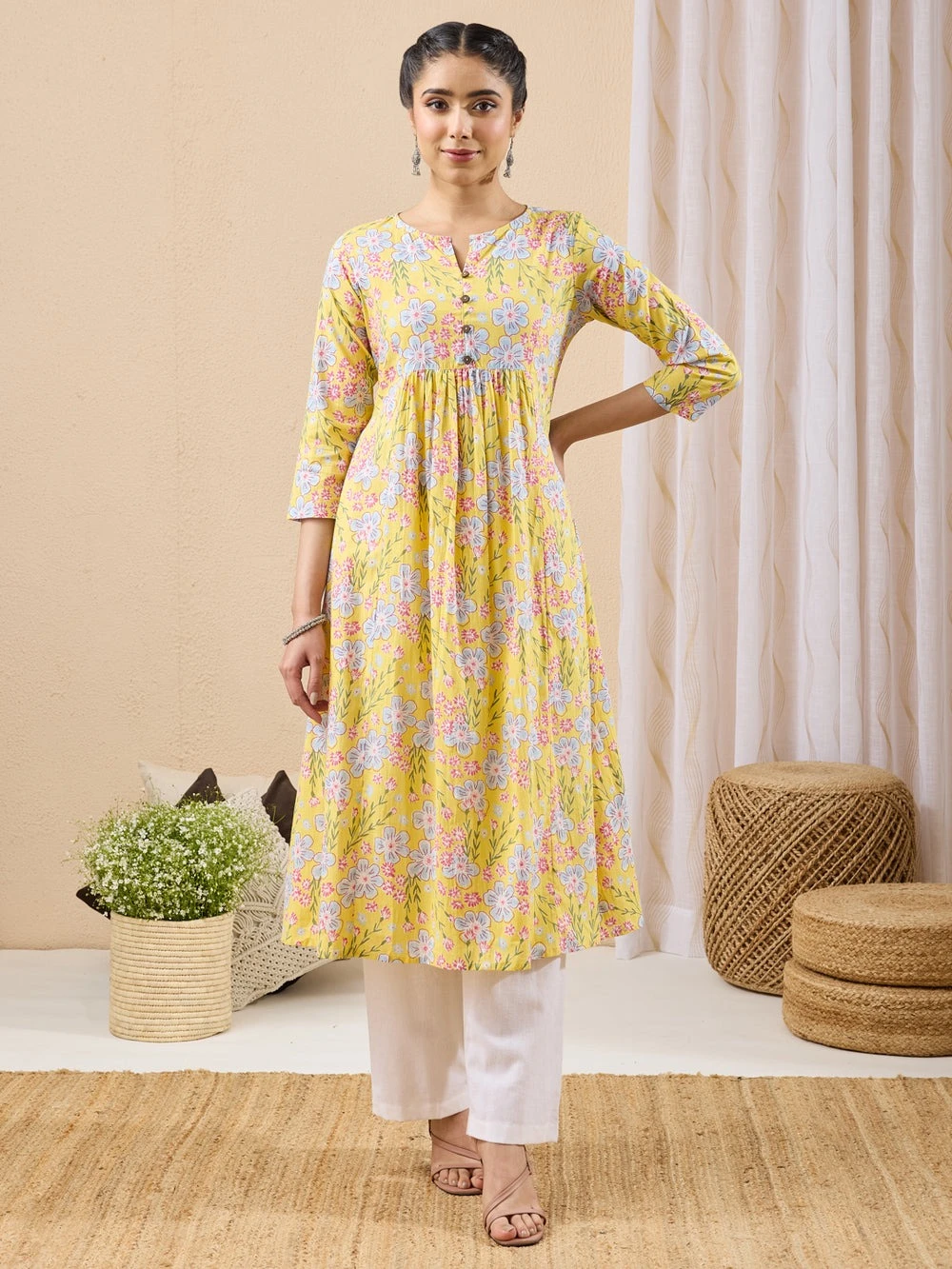 Janasya Women's Yellow Pure Cotton Floral Printed A-Line Kurta