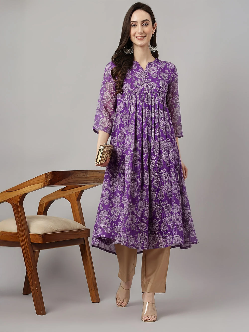 Janasya Women's Purple Chiffon Floral Printed A-Line Kurta