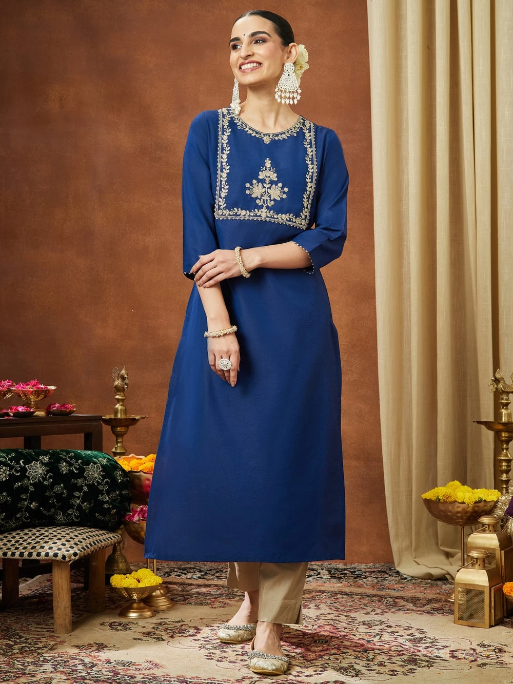 Janasya Women's Navy Blue Chanderi Silk Zari Yoke Embroidered Straight Kurta
