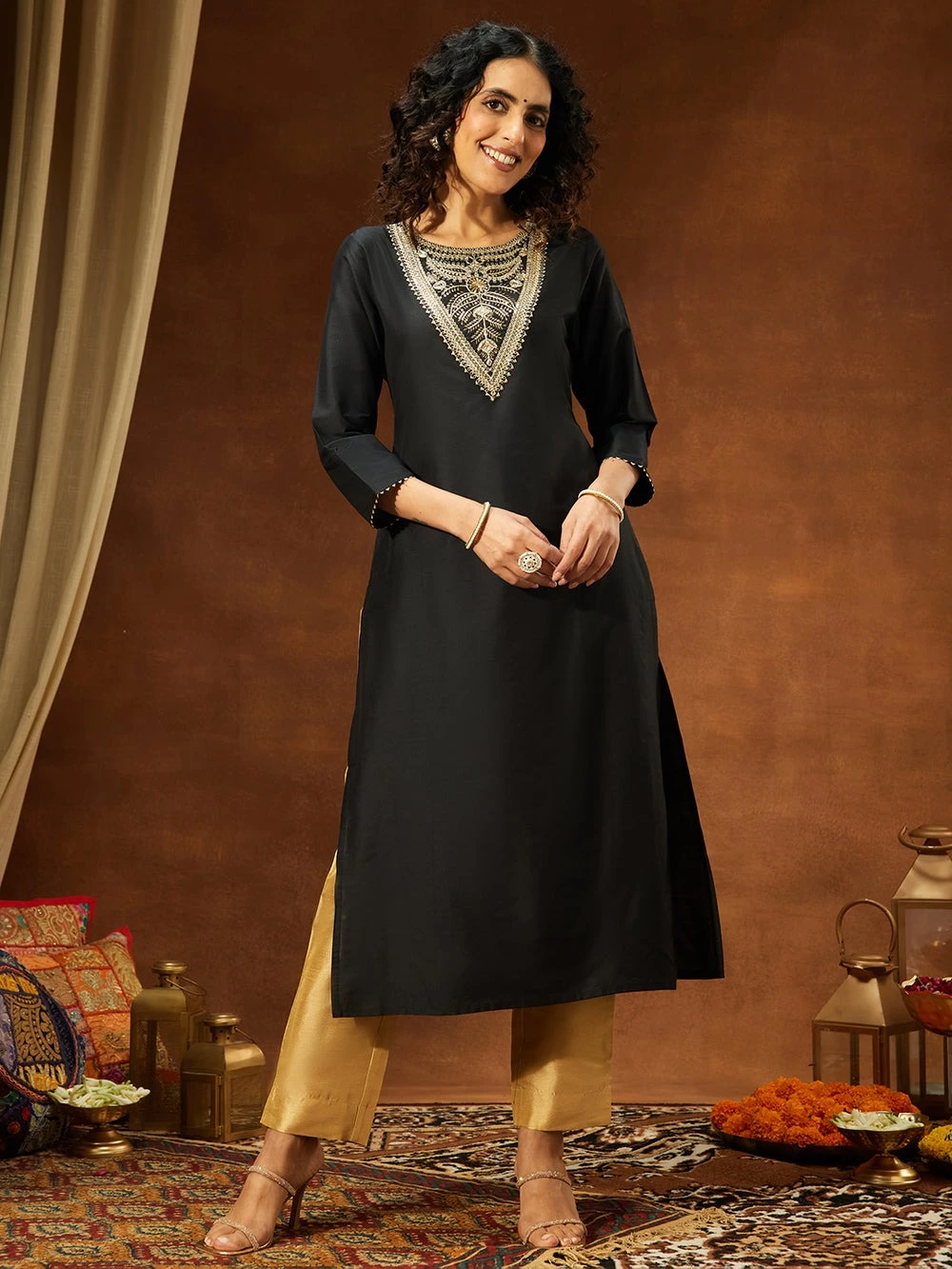 Janasya Women's Black Chanderi Silk Yoke Embroidered Straight Kurta