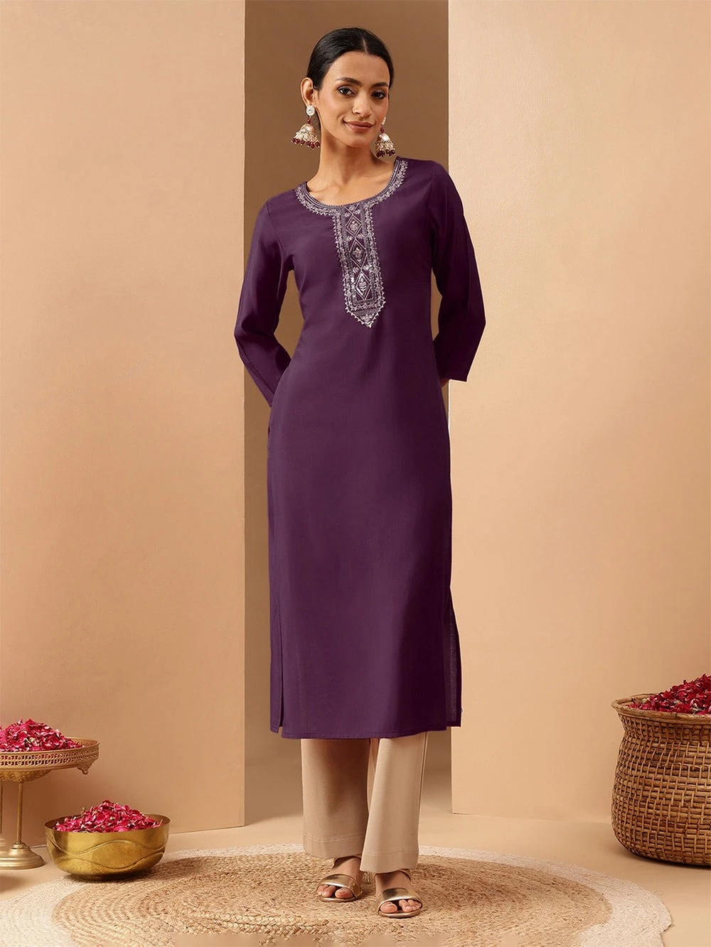 Janasya Women's Wine Chanderi Silk Zari Yoke Embroidered Straight Kurta