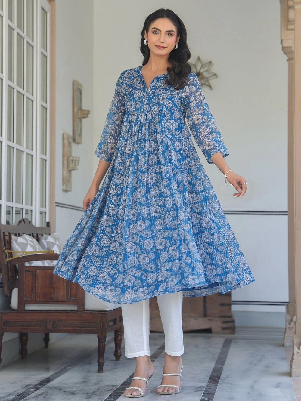 Janasya Women's Blue Chiffon Lurex Floral Printed A-Line Kurta