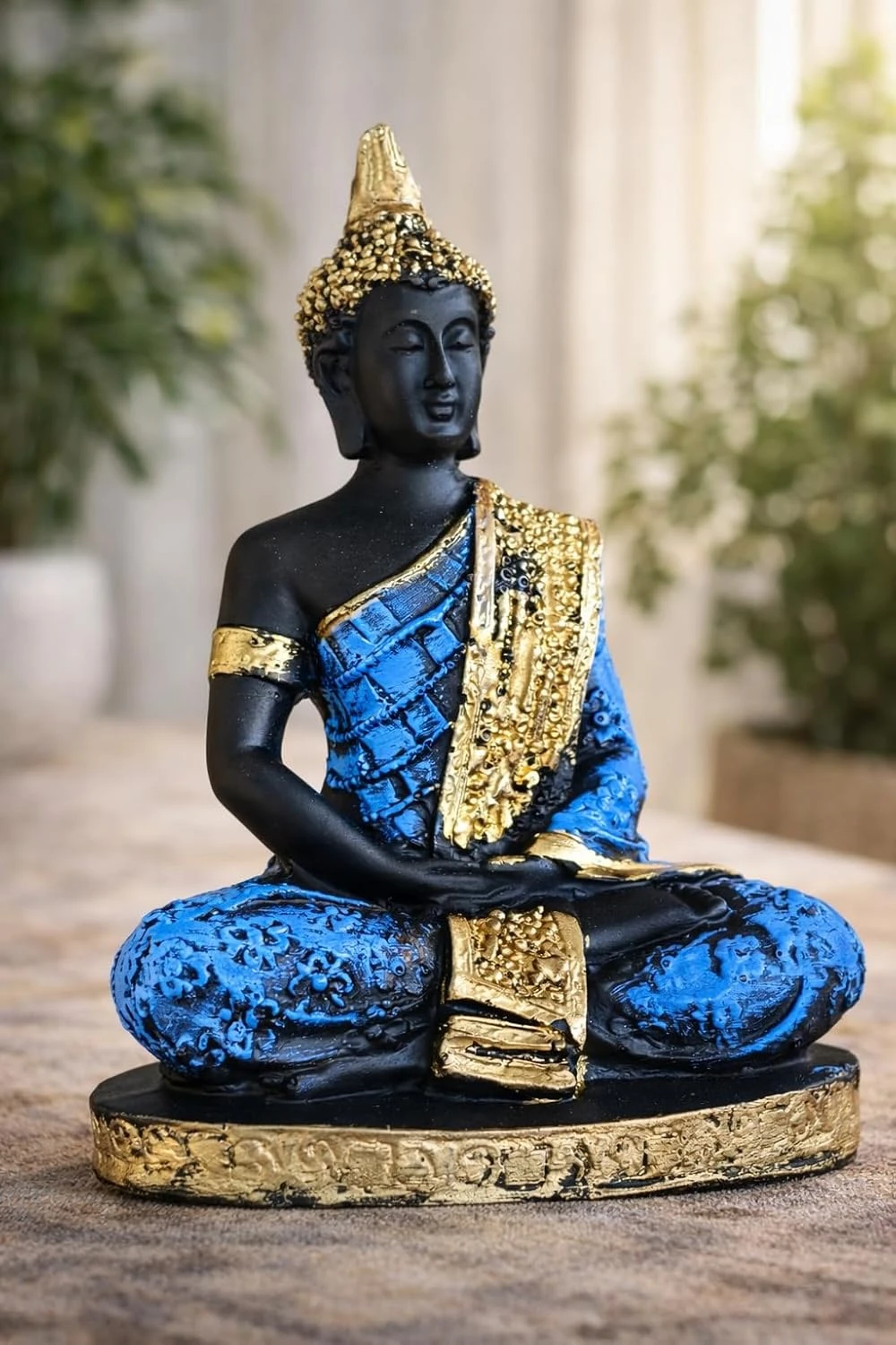 Decorative Buddha Figurine, Black and Gold, Resin, Meditating Pose, Traditional Asian Style, Religious Theme (Blue Black – Light Shade)