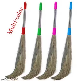 Natural Strong Grass Broom Stick for Home Cleaning with Stainless Steel Handle | Phool Jhadu with 50 cm Long Handle | Housekeeping & Cleaning Floor for House & Office ( Multicolor, Pack of 4)