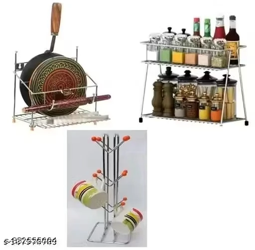 COMBO OF Spice rack + 4 in 1 chakla belan stand + orange v shape cup stand