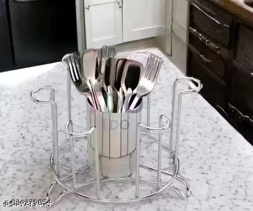 Stainless steel Glass holder with middles cutlery glass and 6 nos slot of Glass Nickle chrome plating on Glass stand , Straight shape Glass stand, Glass stand for dinning Tabel (Pack of 1)