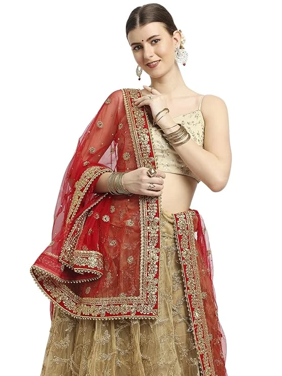 DUPATTA BAZAAR Women's Embroidered Red Bridal Net Dupatta