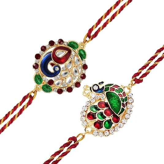 Combo of Gold Alloy Charming 2 Rakhi with Meenakari Work Bracelet for Men and Women