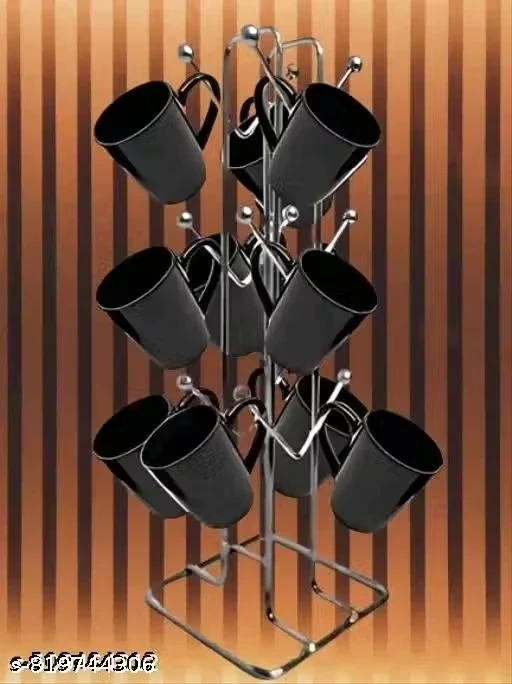 Stainless Steel Tea Cup Stand Cup -(12 Hooks) Mug Stand for Kitchen (Silver)(pack of one)