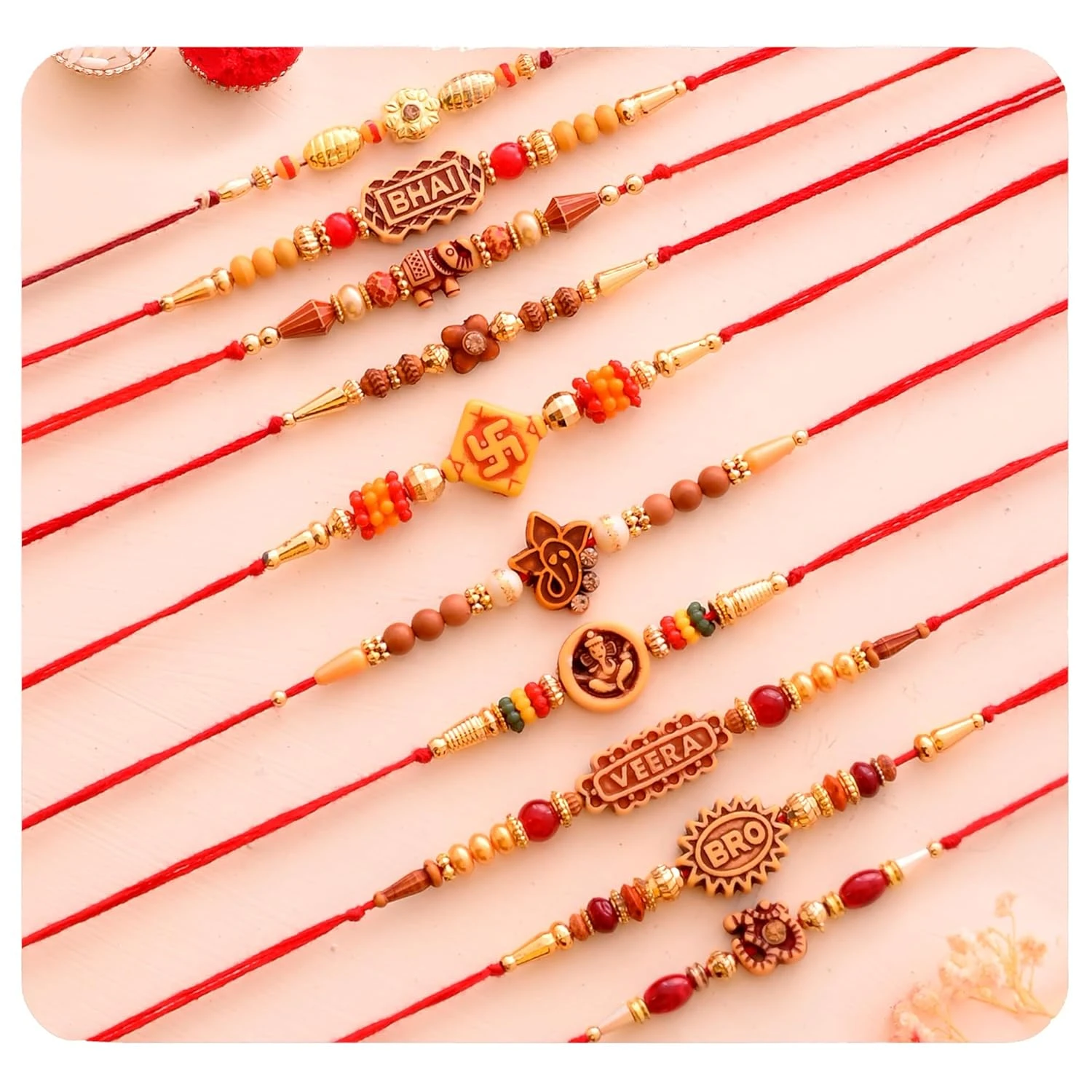 Mens Set Of 10 Kundan Meena Rakhi Raksha Bandhan Gift Band Moli Bracelet Wristbands Stone Pearl Designer Rakhi For Brother Bhaiya With Roli Tilak Pack