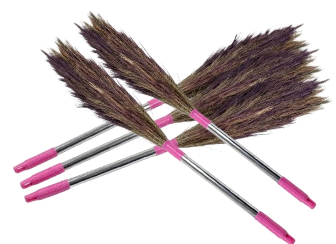 No Dust Floor Broom Long Lasting and Durable Grass Jhadu, Plastic and Steel Handle, Lightweight, for Home Cleaning (Pack of 5)