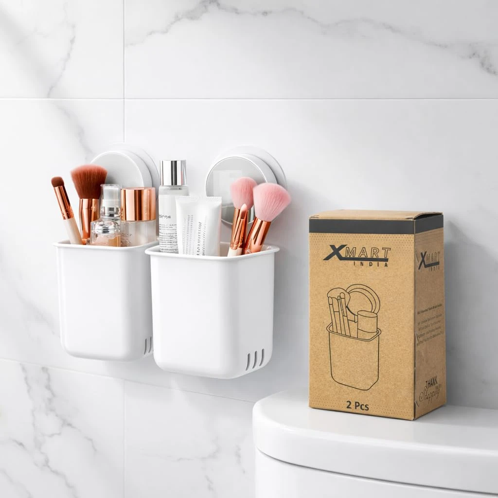 Wall-Mounted Tooth Brush Holder Bathroom - Self-Adhesive Bathroom Organiser Without Drill for Toothbrushes, Toothpaste and Makeup Brushes - Plastic Brush Holder for Bathroom