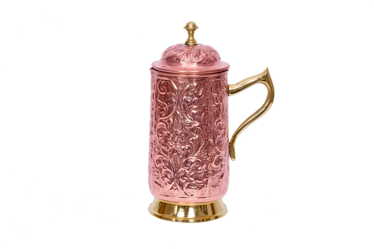 Copper Nepali Embossed Jug – Handcrafted Designer Water Jug with Traditional Finish for Dining & Home Décor