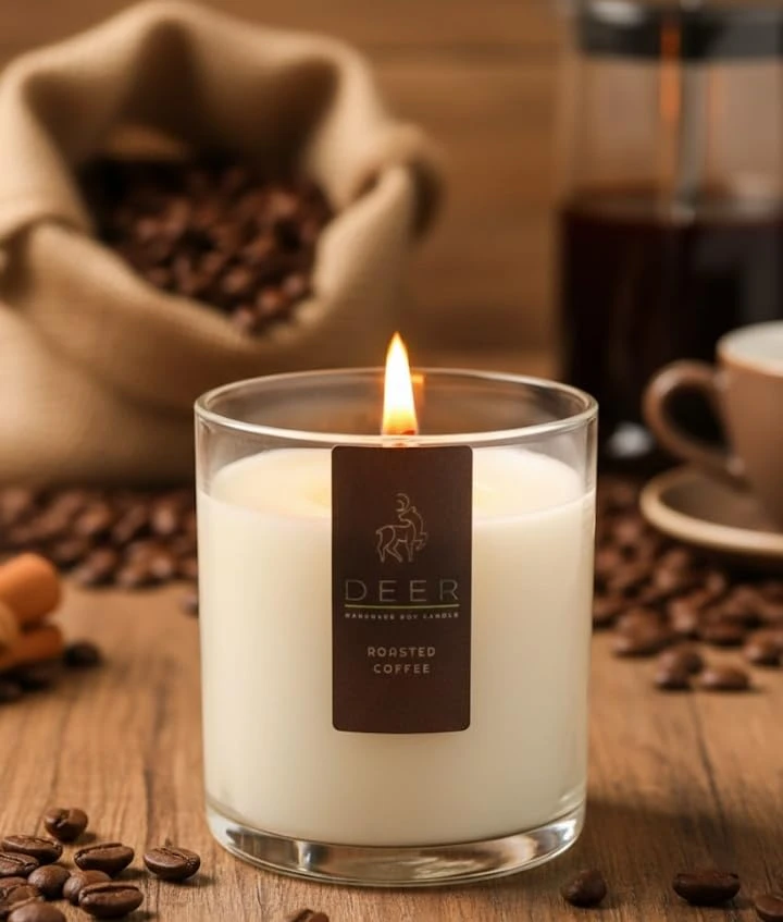 DEER Roasted Coffee Scented Soy Candle – 200ML Handmade Candle in Clear Glass Jar – Coffee Aroma Candle for Home, Office & Gifting