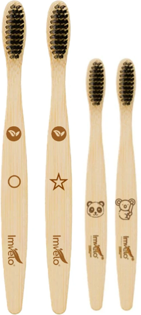 Family Pack 2 Adult & 2 Kid Bamboo Toothbrush Charcoal Activated Soft Bristles Soft Toothbrush (Pack of 4)