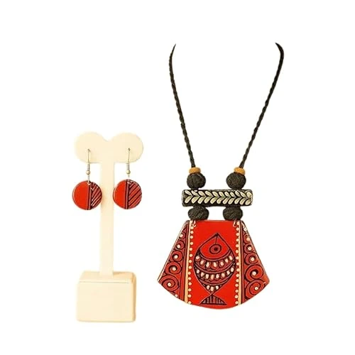Handcrafted Terracotta Necklace Set with Earrings, Red and Black, Traditional Indian Jewelry, Statement Pendant Design