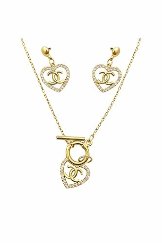 Gold Plated Heart Pendant Necklace Set with Matching Earrings for Women | Crystal Studded Designer Jewelry Set for Party & Office wear