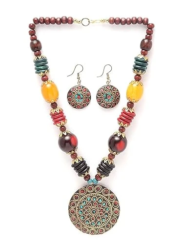 Shining Diva Fashion Latest Stylish Traditional Tibetan Pendant Necklace Jewellery Set for Women