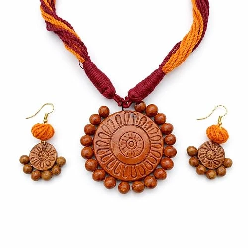 BharatSutras Handcrafted Terracotta Necklace and Earring Set, Brown, Swastik Design, Adjustable Length, Traditional Ethnic Style