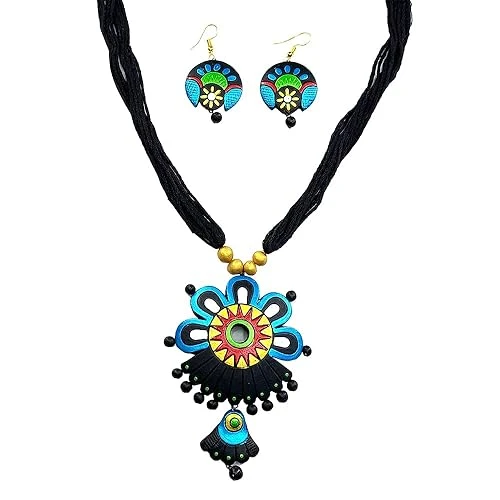 Multicolour Ethnic Handmade Handcrafted Terracotta Necklace and Earring Jewellery Set for Women