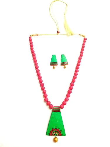 Women’s Handcrafted Terracotta Necklace Set Traditional Green Hand Painted Jewellery Set