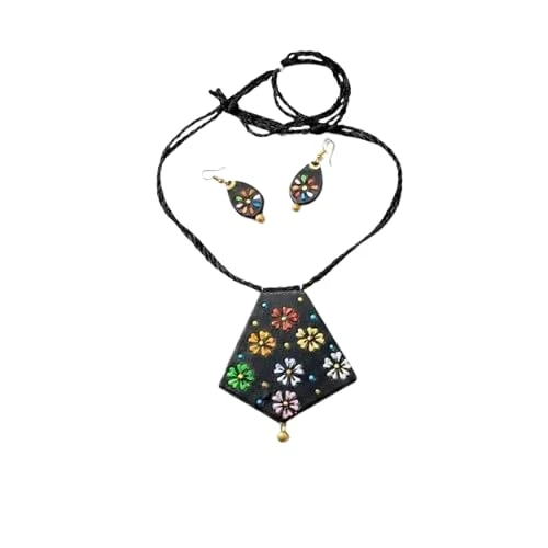 Handcrafted Terracotta Floral Necklace Set for Women | Hand-Painted Clay Pendant with Matching Earrings | Lightweight Ethnic Jewelry for Festive, Office & Casual Wear