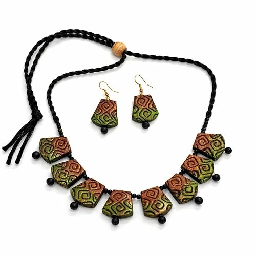 Handcrafted Terracotta Jewelry Set, Necklace and Earrings, Green and Copper color,Spiral Pattern, Black tassel, Ethnic Style,Eco Friendly