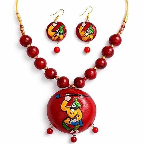 Terracotta Handcrafted Jewelry Set with Hand-Painted Woman Design, Red terracotta Beaded Necklace and Earrings, Traditional West Bangal Handicraft