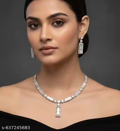 Women Rhodium-Plated Studded Necklace & Earrings Set