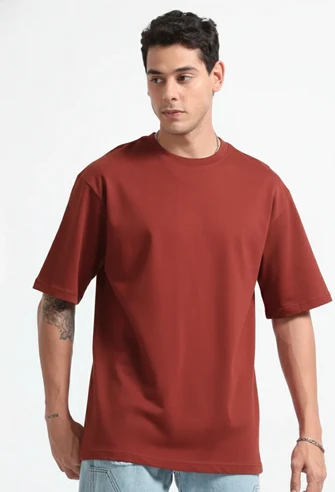 Kepto Mens Solid Oversized T-shirt- Brick Size Medium