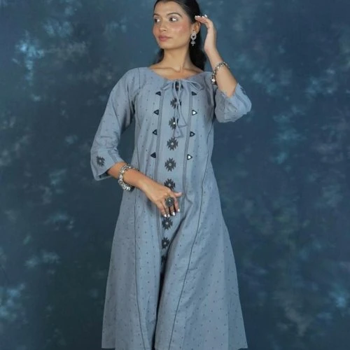 Dusty Blue A Line Printed Ladies Kurta Set