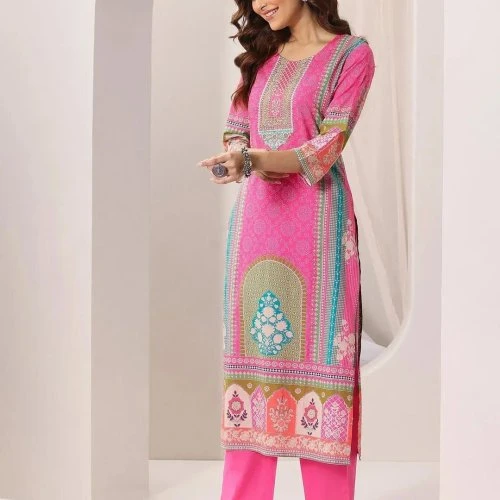 Pink French Crepe Printed Ladies Kurta Set