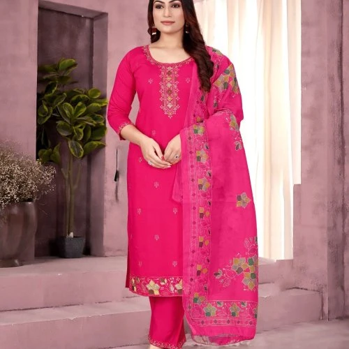 Bright Pink Pure Cotton Embroidered Ladies Kurta Set