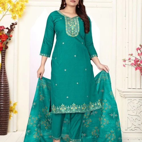 Bottle Green Pure Cotton Embroidered Ladies Kurta Set