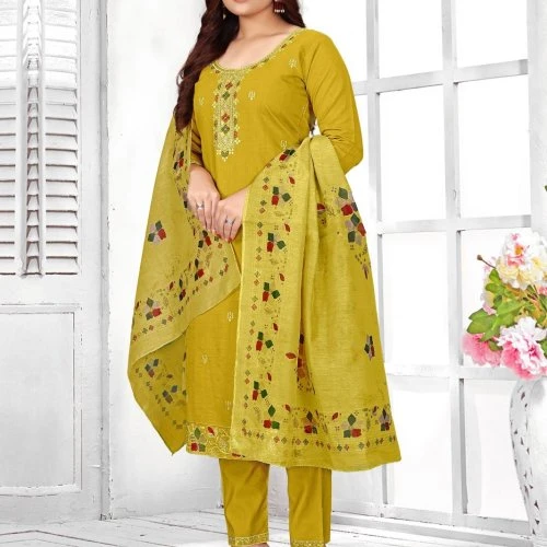 Antique Mustard Yellow Pure Cotton Embroidered Ladies Kurta Set