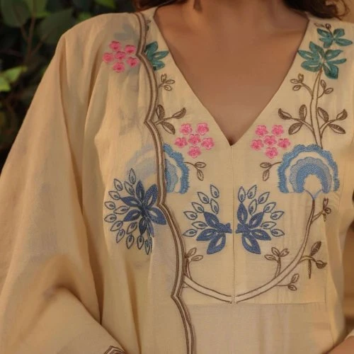 Camel Beige Viscose Chanderi Embroidered Ladies Kurta Set