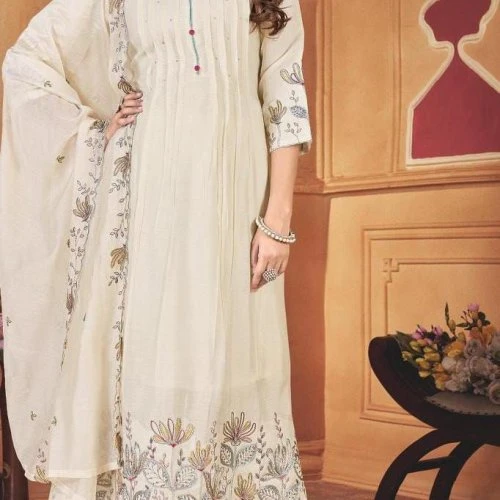 Creamy Mal Chanderi Embroidered Ladies Suit Set