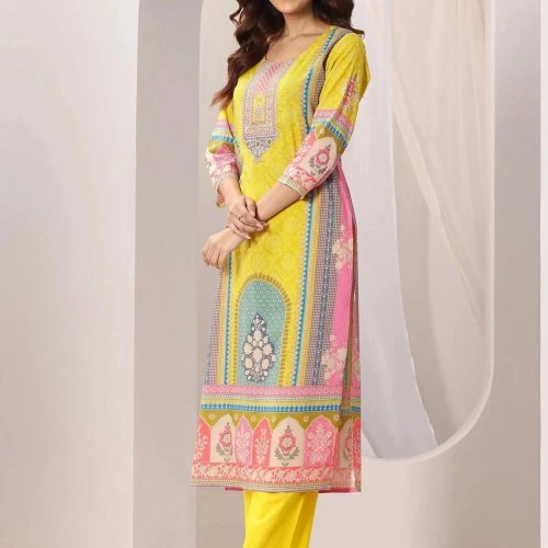 Yellow French Crepe Printed Ladies Kurta Set