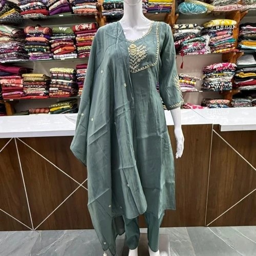 Mal Chanderi Fabric Grey Ladies Kurta Suit Set