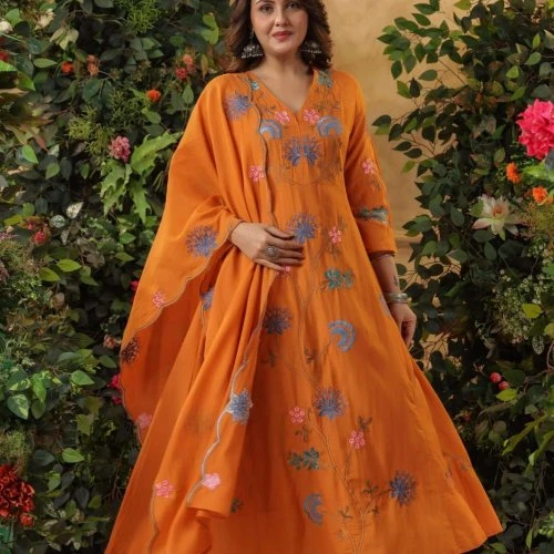 Rust Orange Viscose Chanderi Embroidered Ladies Kurta Set