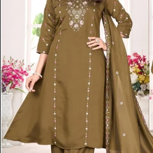 Golden Brown Embroidered Ladies Kurta Pant Dupatta Set