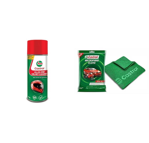 Castrol All-in-One Helmet Cleaner Foaming Spray (125ml) with Castrol Microfibre Cloth for Cleaning | 400 GSM Thick Lint & Multipurpose & Reusable Cloth | High Water Absorption & Retention (Pack of 1)