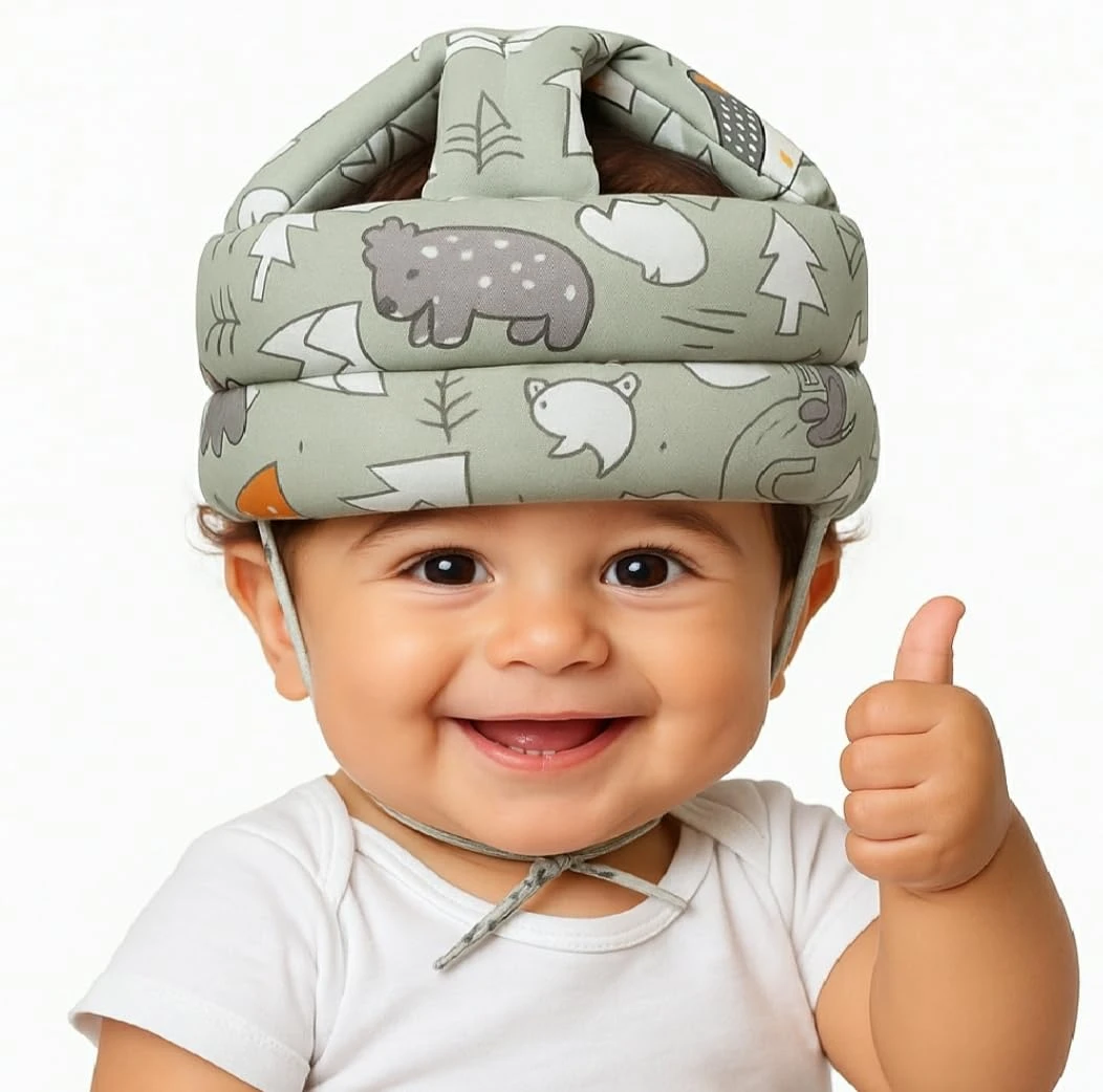 Baby Infant Toddler Helmet No Bump Safety Head Cushion Bumper Bonnet Adjustable Protective Printed Cap Child Safety Headguard for Running Walking Crawling Safety Helmet (Green)