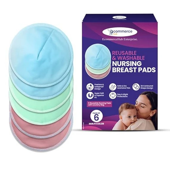 Reusable Washable Nursing Breast Pads -6 Pcs- 3D Contoured Shape For Sung Fit,Prevents Staining on Cloth, Breast Milk Leakage Pads, Feeding Pads, Reusable Breastfeeding pads for Mothers, Milk Soak Pad, Multicolor