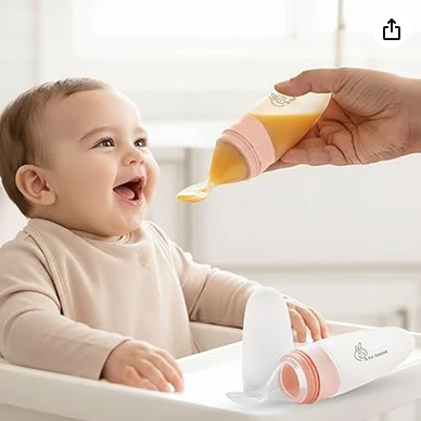 Rabbit First Feed Food Feeder for Kids, 90ml Capacity, Premium Soft Silicone Spoon Food Grade BPA Free Material (Pink)